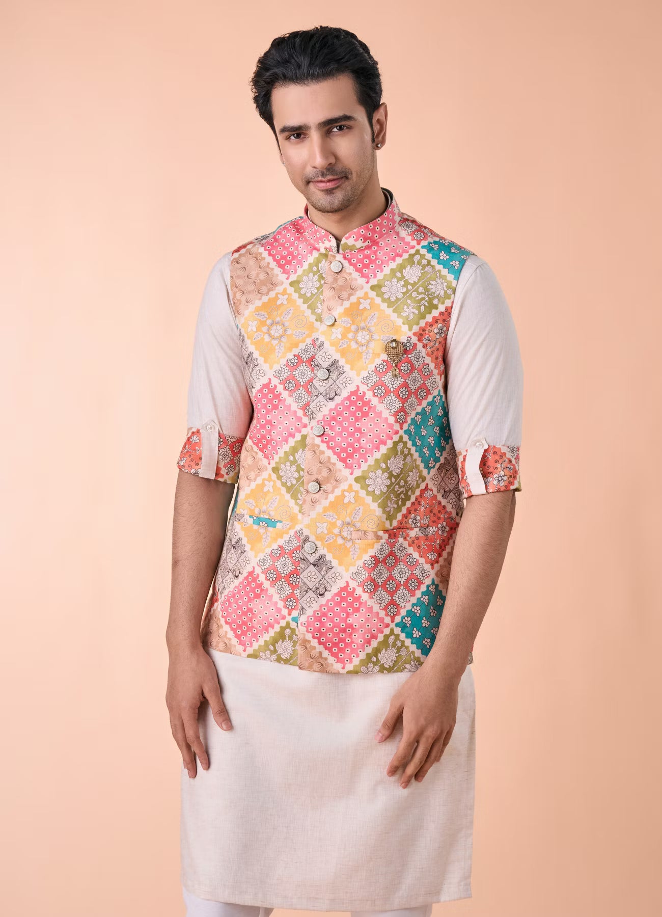 Manyavar Beige Linen Kurta Jacket Set | Ready To Wear