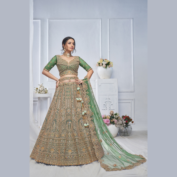 Royal Grandeur bridal Green Mehendi Lehenga with Paisley and Peacock M Royal Grandeur bridal Green Mehendi Lehenga with Paisley and Peacock M