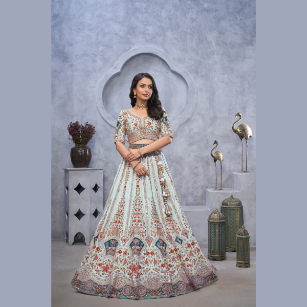 Stunning sky blue Lehenga with Zari Paisley Embroidery, Silk Patches, and Regal Peacock Motifs  | Ready To Wear |