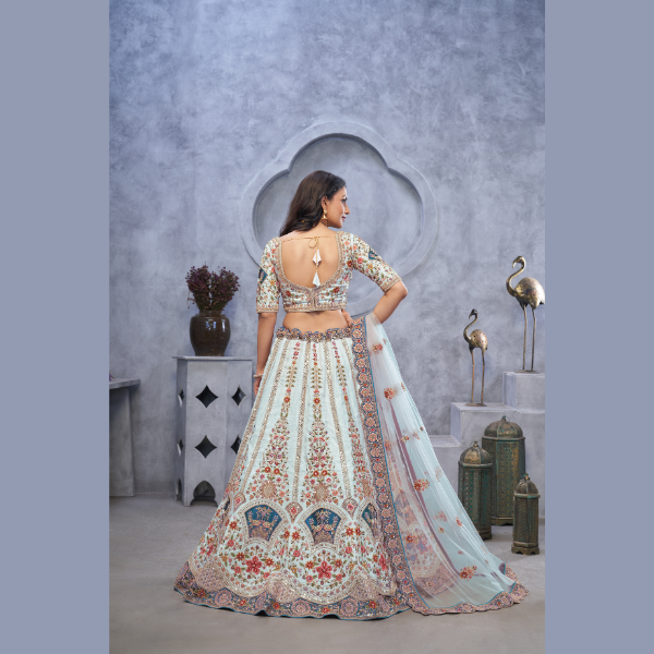 Stunning sky blue Lehenga with Zari Paisley Embroidery, Silk Patches, and Regal Peacock Motifs  | Ready To Wear |