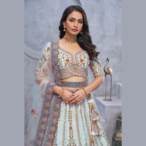 Stunning sky blue Lehenga with Zari Paisley Embroidery, Silk Patches, and Regal Peacock Motifs  | Ready To Wear |