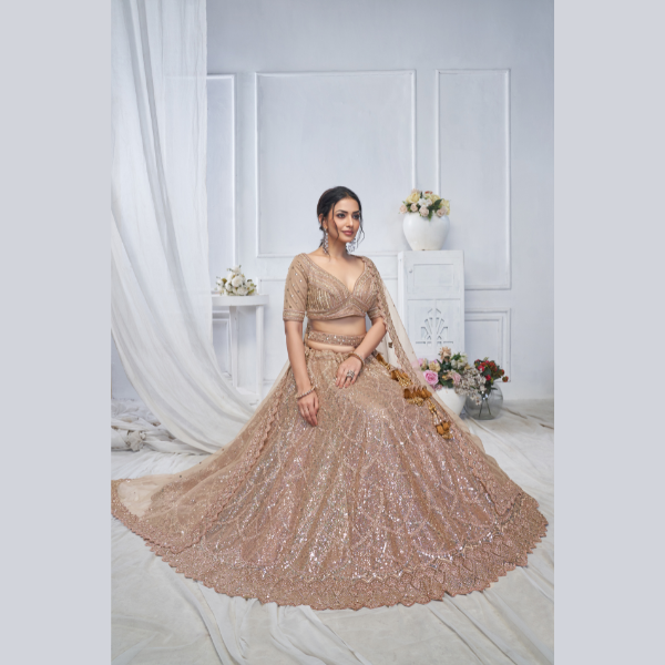 Alluring Brown Sequins Net Bridesmaid Lehenga Choli With Dupatta | Ready To Wear |