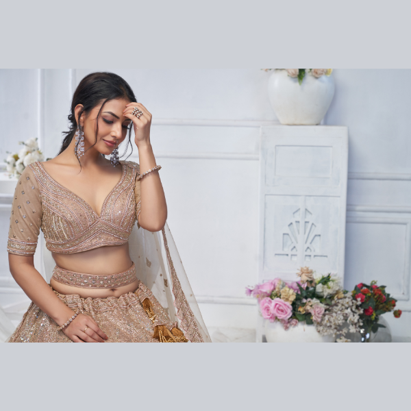 Alluring Brown Sequins Net Bridesmaid Lehenga Choli With Dupatta | Ready To Wear |