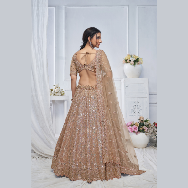 Alluring Brown Sequins Net Bridesmaid Lehenga Choli With Dupatta | Ready To Wear |