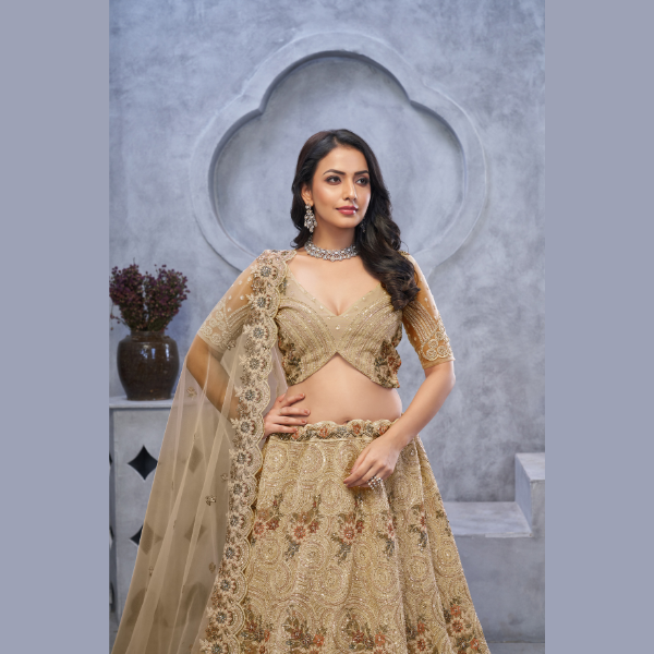 Alluring Bel Butti pattern Golden Sangeet Lehenga Choli | Ready To Wear |