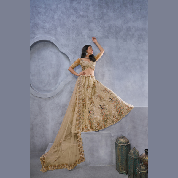 Alluring Bel Butti pattern Golden Sangeet Lehenga Choli | Ready To Wear |