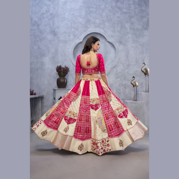 Regal Elegance: The Red and White Masterpiece Lehenga with Paisley Motifs and Sheer Pink Dupatta | Ready To Wear |