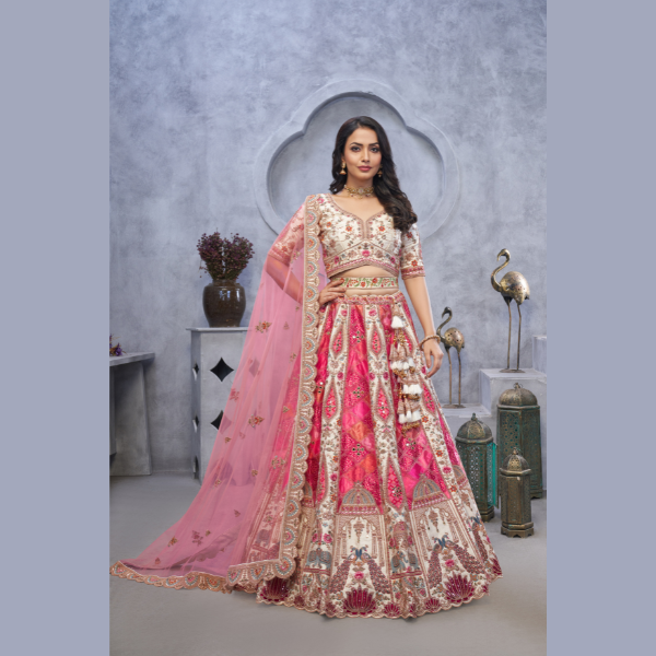 Bridal Lehenga with Temple Motifs, Peacock Designs & Bandhej Jacquard Patches | Ready To Wear |