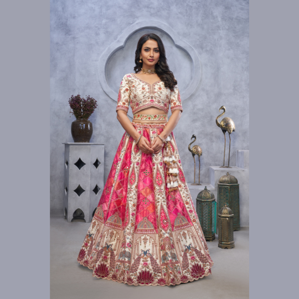 Bridal Lehenga with Temple Motifs, Peacock Designs & Bandhej Jacquard Patches | Ready To Wear | - India shopping