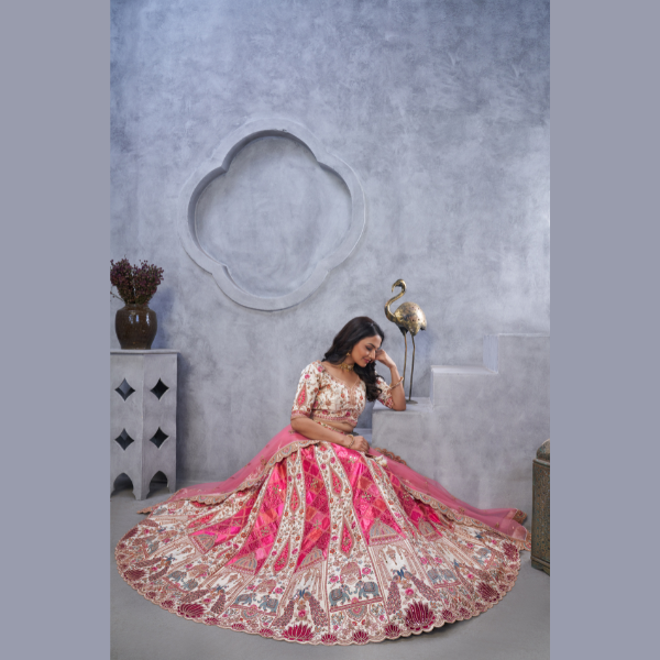 Bridal Lehenga with Temple Motifs, Peacock Designs & Bandhej Jacquard Patches | Ready To Wear |