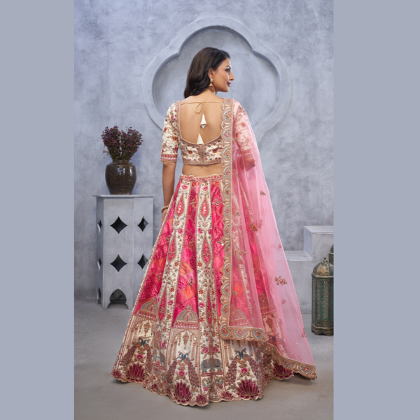 Bridal Lehenga with Temple Motifs, Peacock Designs & Bandhej Jacquard Patches | Ready To Wear |