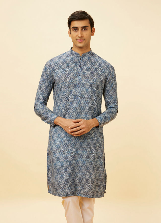 Manyawar Royal Blue Shankh Motif Printed Kurta Set