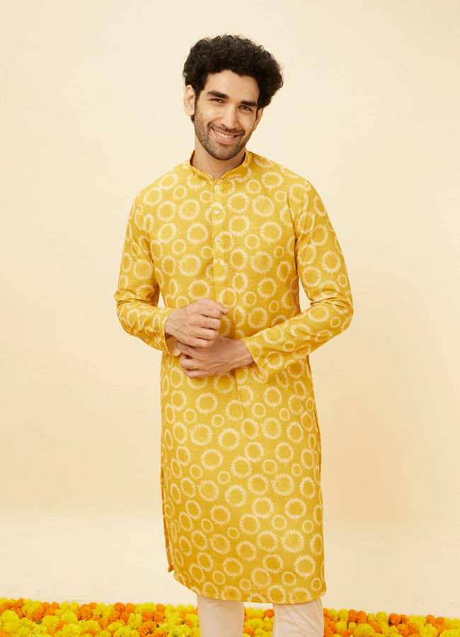 Manyawar Mustard Yellow Circular Printed Kurta Set