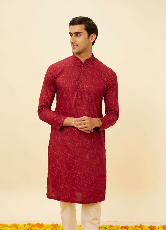 Manyawar Maroon Linear Printed Kurta Set