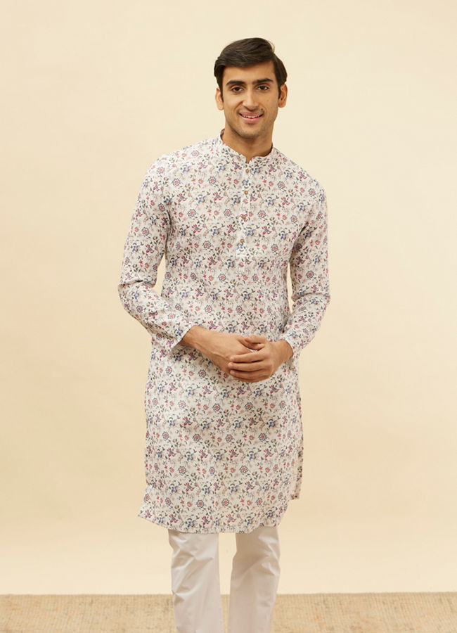 Manyawar Pearl White Botanical Printed Kurta Set