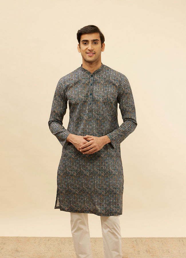 Manyawar Navy Blue Mandala Print Kurta Set