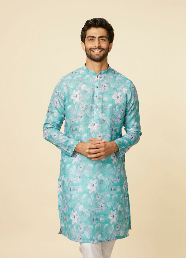 Manyawar Turquoise Floral Printed Kurta Set