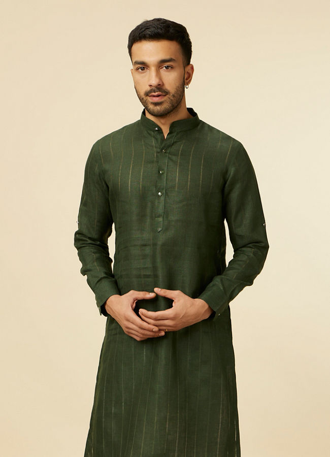 Manyawar Dark Green Self Patterned Kurta