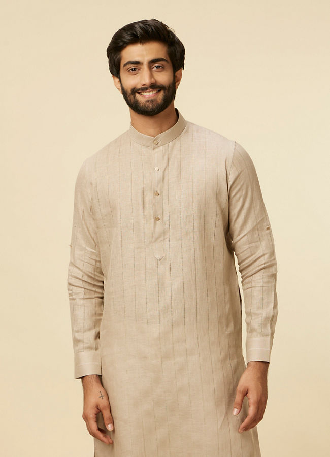 Manyawar Solid Walnut Self Striped Patterned Kurta