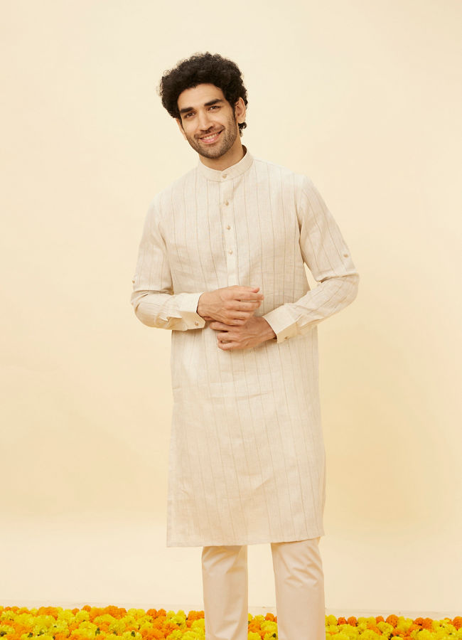 Manyawar Natural Beige Self Striped Kurta