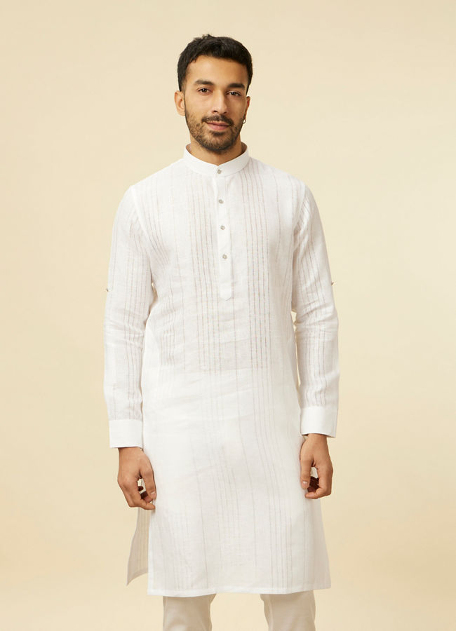 Manyawar Classic White Self Striped Patterned Kurta