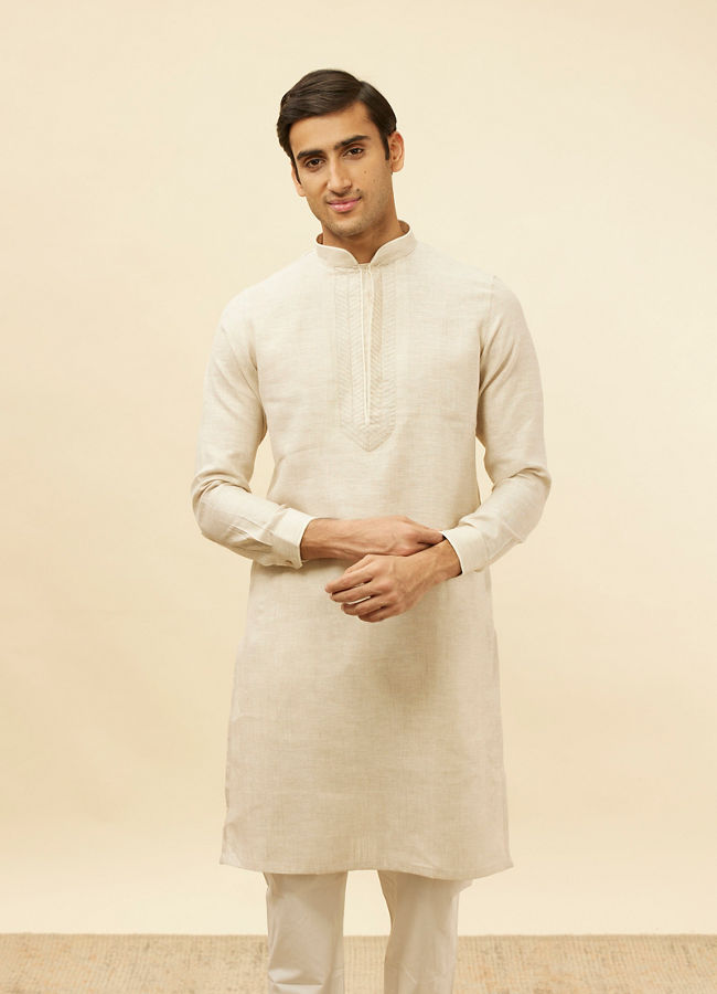 Manyawar Natural Beige Embroidered Neckline Kurta