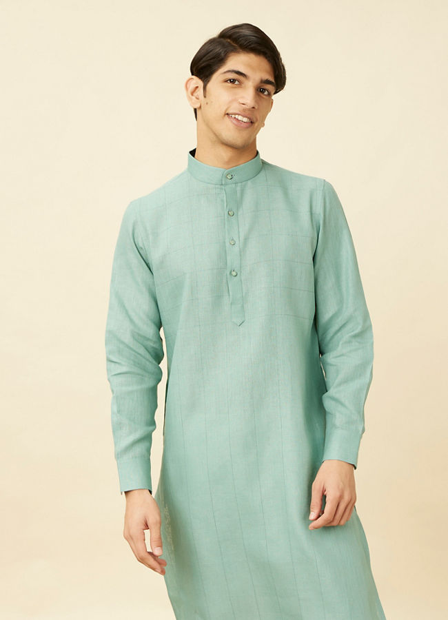 Manyawar Tropical Blue Chequered Patterned Kurta