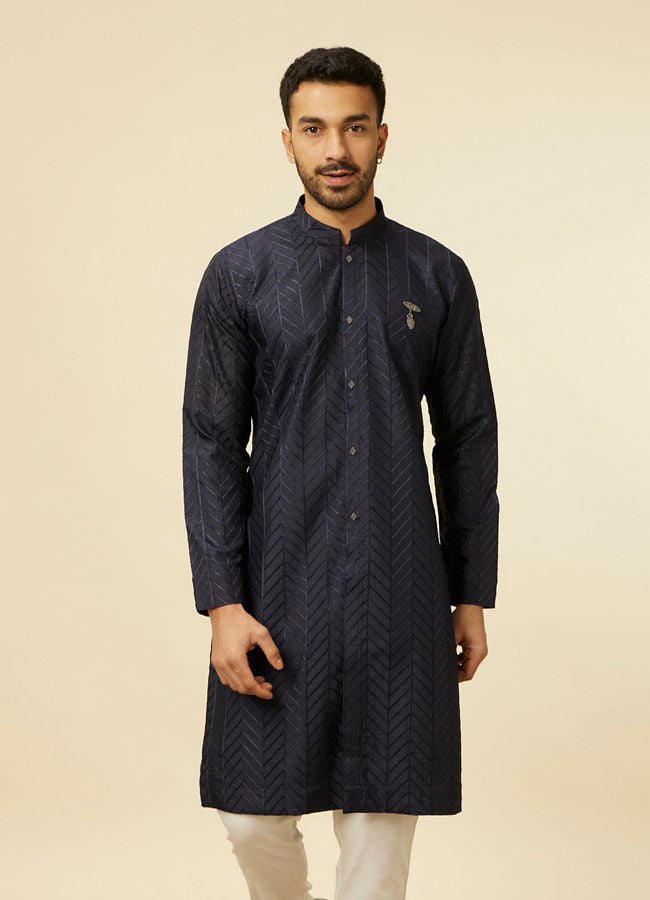 Manyawar Dark Blue Chevron Patterned Kurta