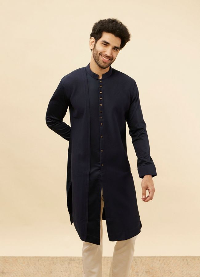 Manyawar Navy Blue Textured Kurta