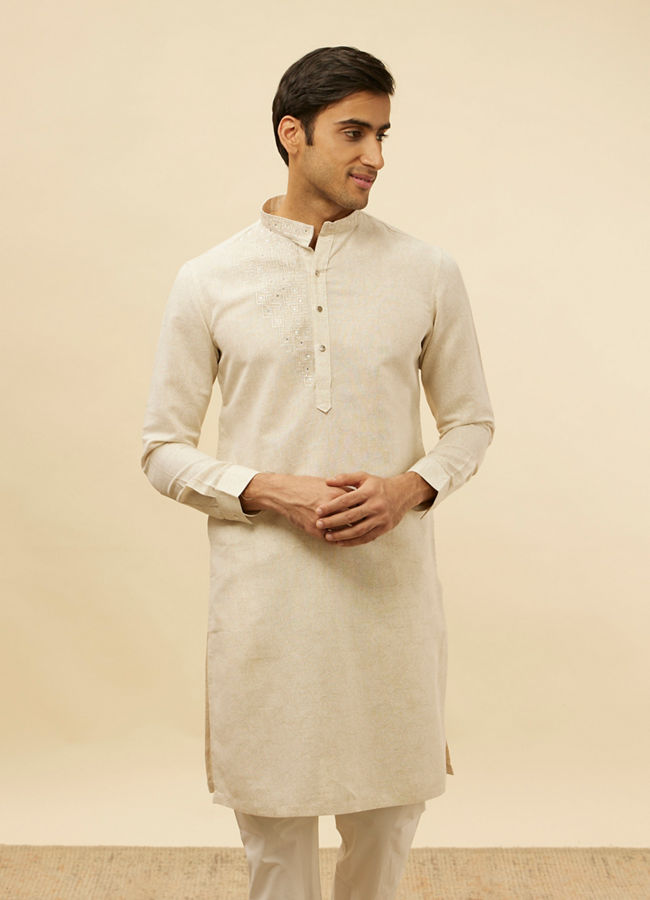 Manyawar Natural Beige Self Rose Printed Kurta