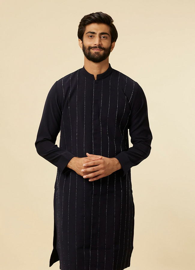 Manyawar Dark Blue Striped Patterned Kurta