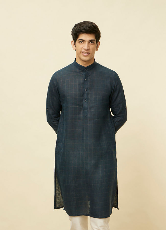 Manyawar Navy Blue Square Grid Printed Kurta