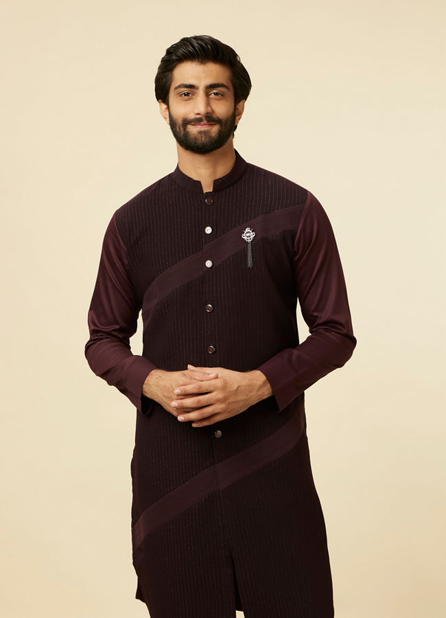 Manyawar Wine Striped Patterned Kurta