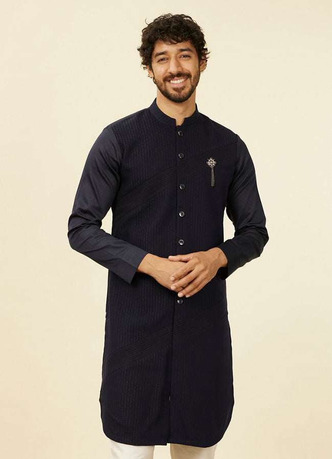 Manyawar Dark Blue Self Striped Kurta