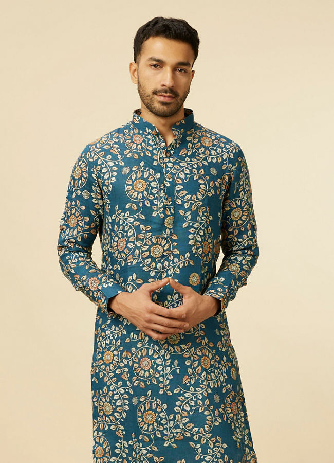 Manyawar Teal Blue Bel Buti Patterned Kurta