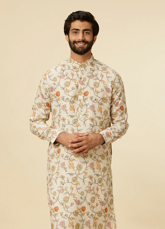 Manyawar Beige Bel Buti Patterned Kurta