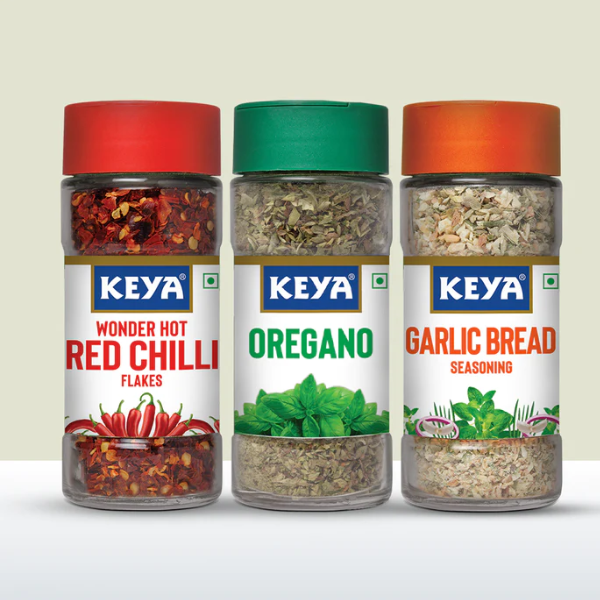 Keya Herb and Seasonings Combo Oregano 15g, Garlic Bread Seasoning 50g, Red Chilli Flakes 40g Pack of 3,