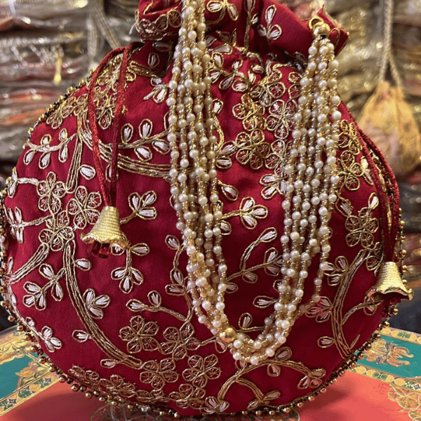 Khajuri Embroided Potli With Pearl Handle Set  9 inches