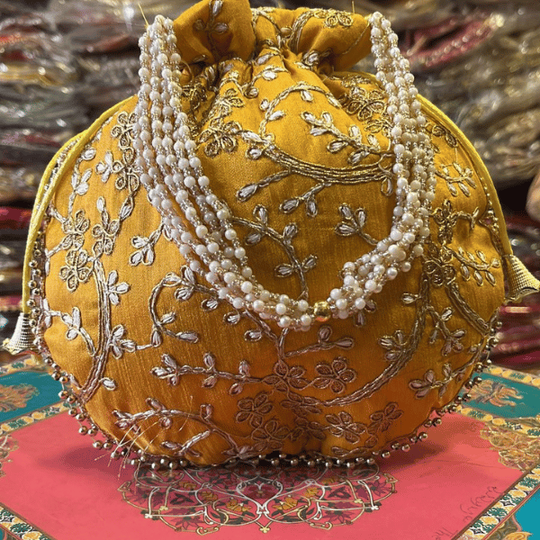 Khajuri Embroided Potli With Pearl Handle Set  9 inches