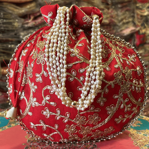 Khajuri Embroided Potli With Pearl Handle Set  9 inches