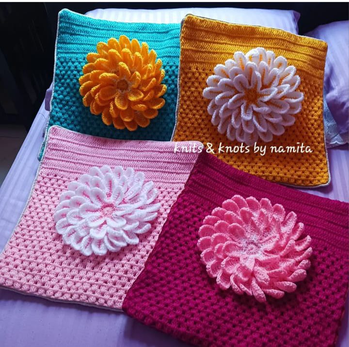 Knits and Knots Indore Handmade Precious flower Embroidered Cushion Cover