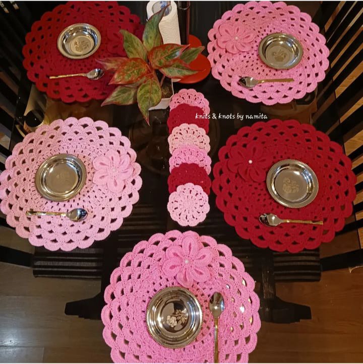 Knits and Knots Indore Table Mats Set (Set of 6 Mats & 6 Coasters)