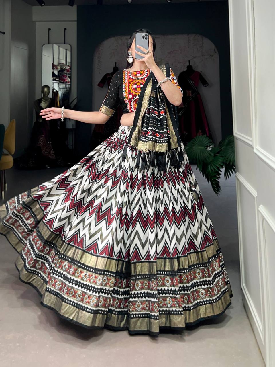 Contemporary Leheriya Tussar Silk Navratri Lehenga