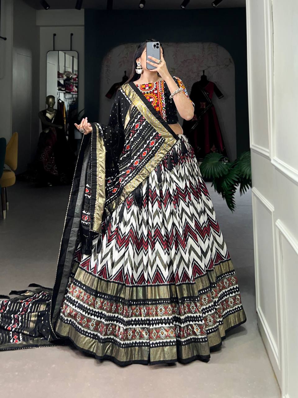 Contemporary Leheriya Tussar Silk Navratri Lehenga