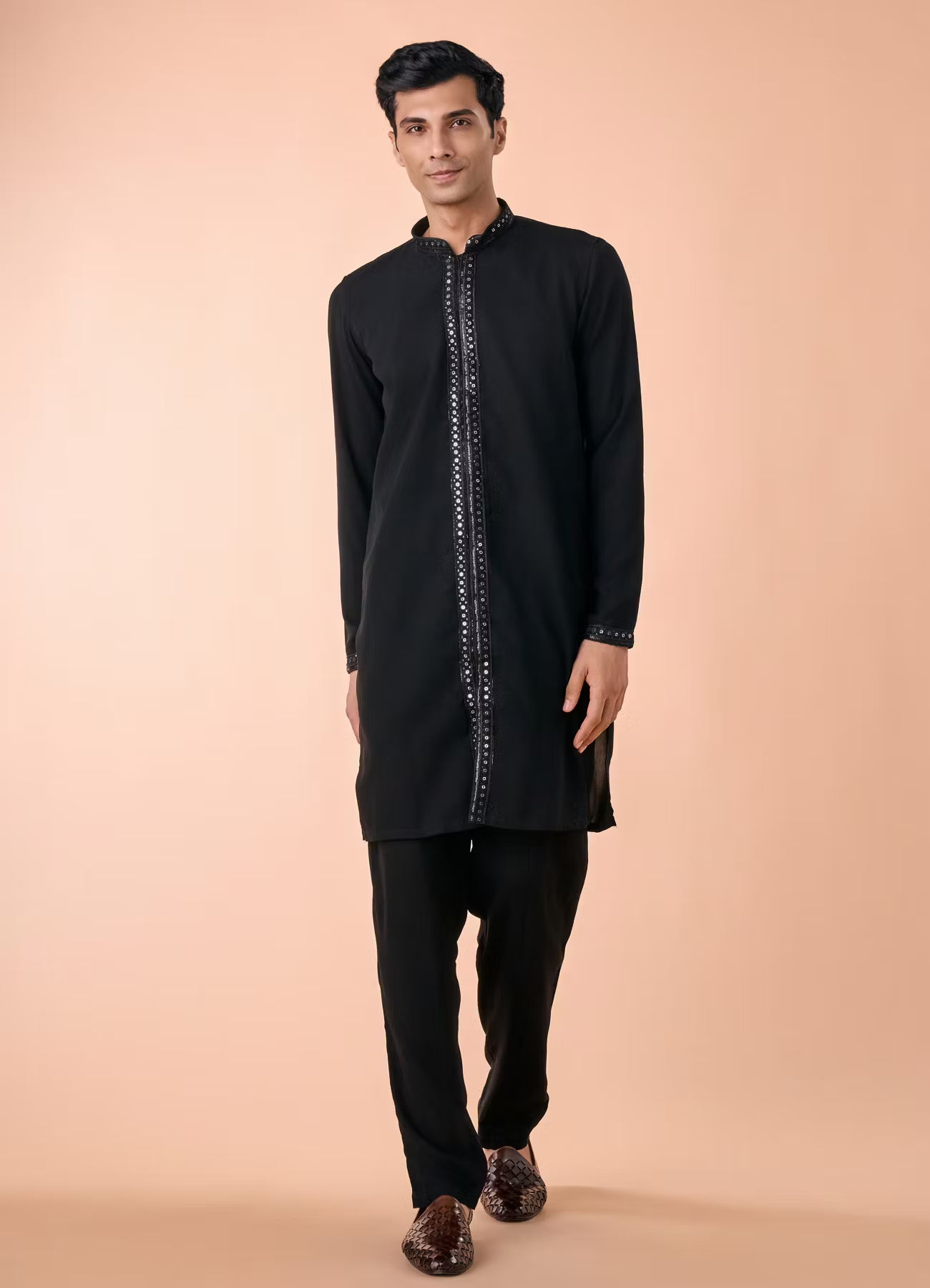 Manyavar Black Elegance Georgette Satin Kurta Jacket Set | Ready To Wear