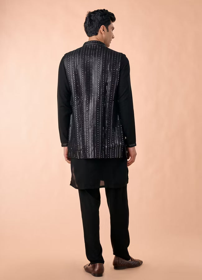 Manyavar Black Elegance Georgette Satin Kurta Jacket Set | Ready To Wear