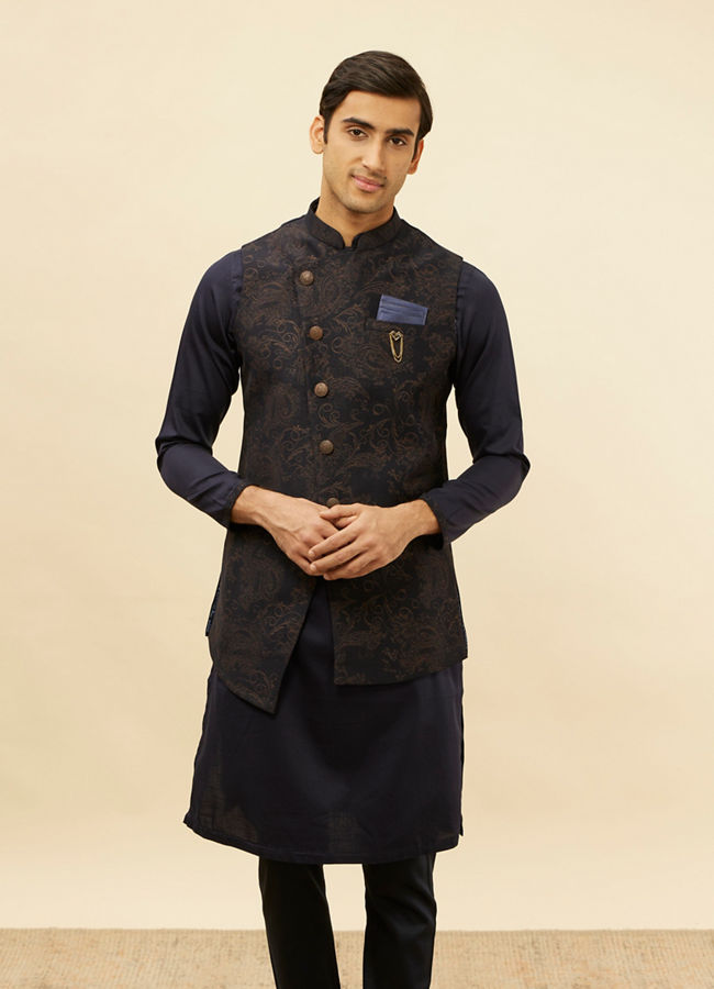 Manyawar Deep Blue Bel Buti Patterned Asymmetric Hem Kurta Jacket Set