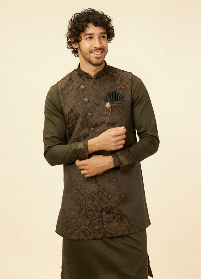 Manyawar Olive Green Bel Buti Patterned Kurta Jacket Set