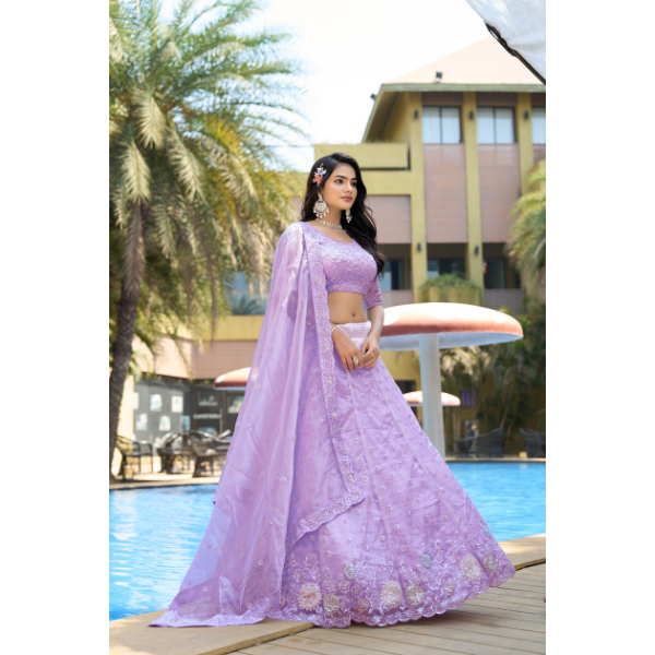 Lavender Dream: Pure Organza Bridal Lehenga Set with Zarkan & Sequin Work | Ready To Wear| Code- 5052