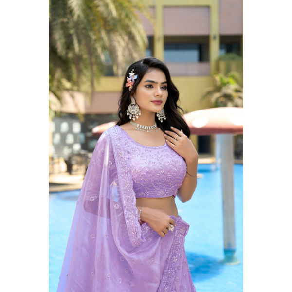 Lavender Dream: Pure Organza Bridal Lehenga Set with Zarkan & Sequin Work | Ready To Wear| Code- 5052
